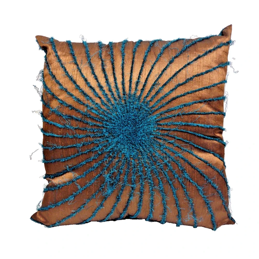 Twill Tweed Sunburst Teal and Gold Square Decorative Throw Pillow 16
